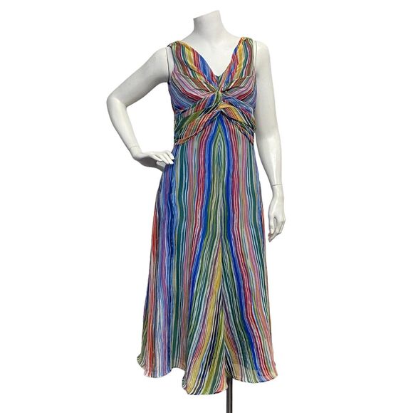 Maggy Boutique Sz 4 Waterfall Stripe Twist Front Midi Flare Dress Summer Rainbow - Picture 2 of 11